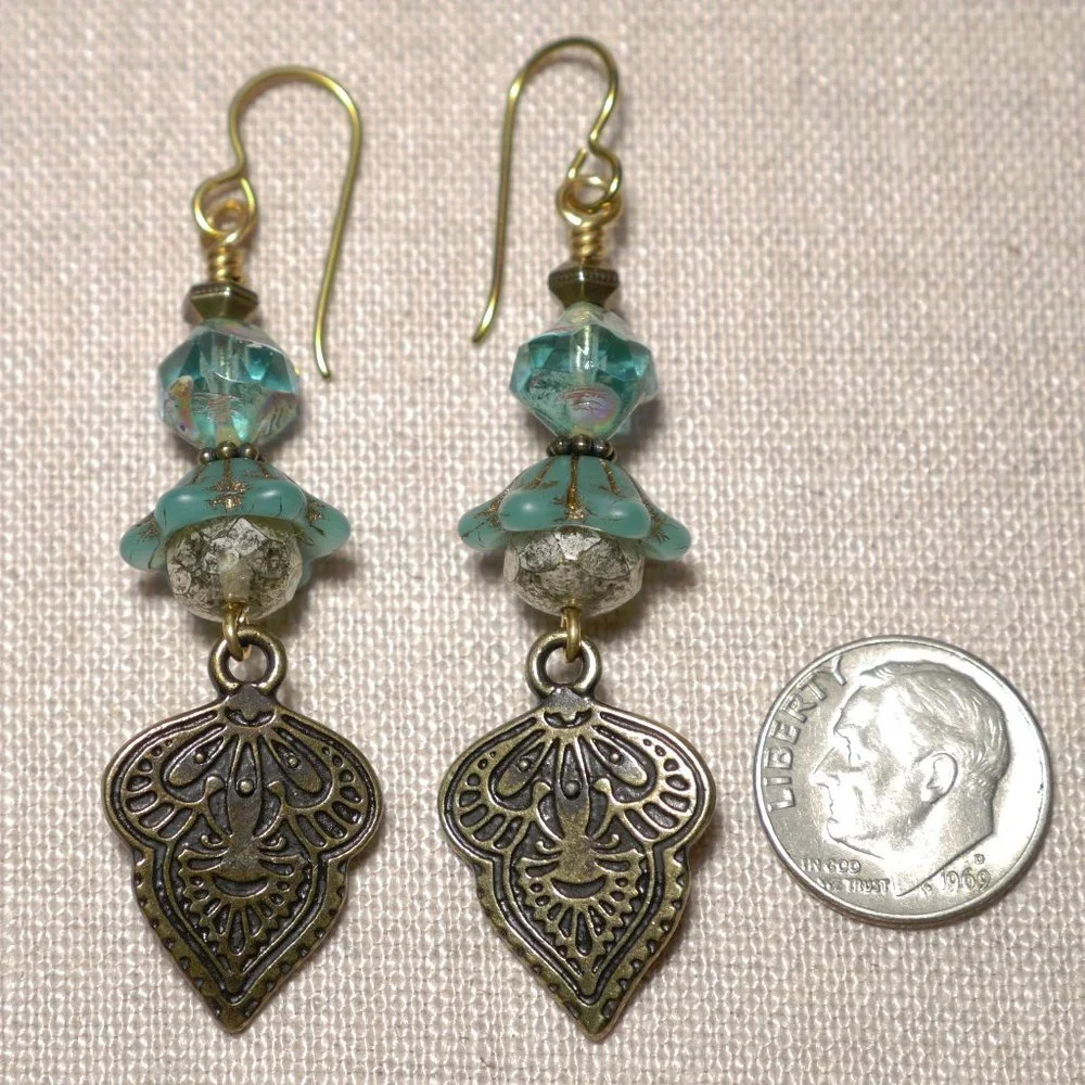 Hand Crafted Handmade Earrings Teal and Aqua Czech Glass & Brass Mehndi-… - Picture 3 of 4